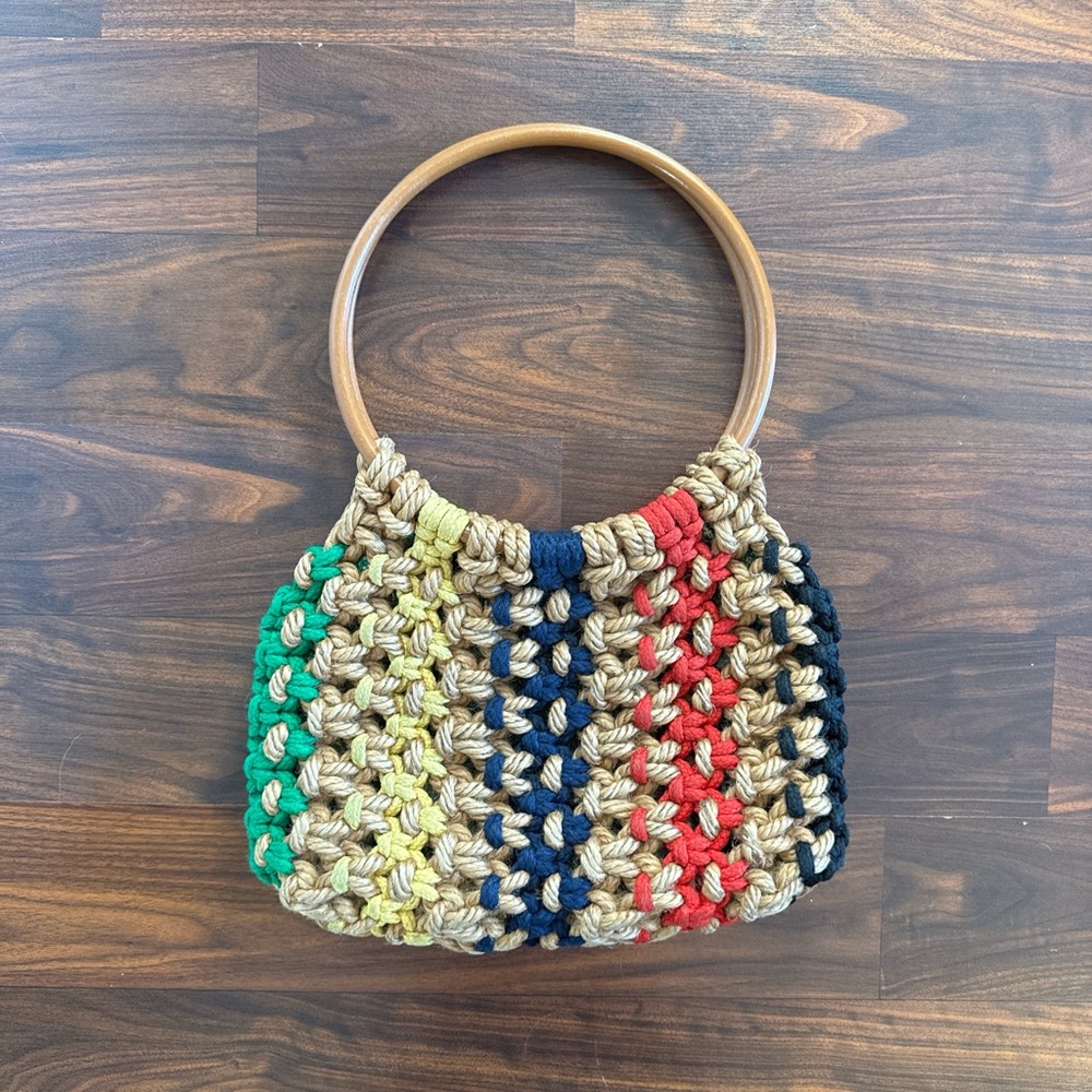 Handmade vintage Crochet Handbag with Wooden Handles
